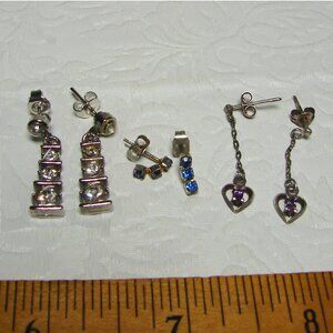 Vtg Rhinestone Dangle Pierced EARRING Lot of 3, Prong-Set Blue Purple Stones G57